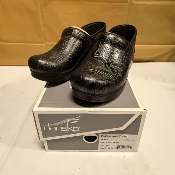 Dansko Women's Professional Black Leather Tooled Clogs Size 39 - Picture 3 of 12